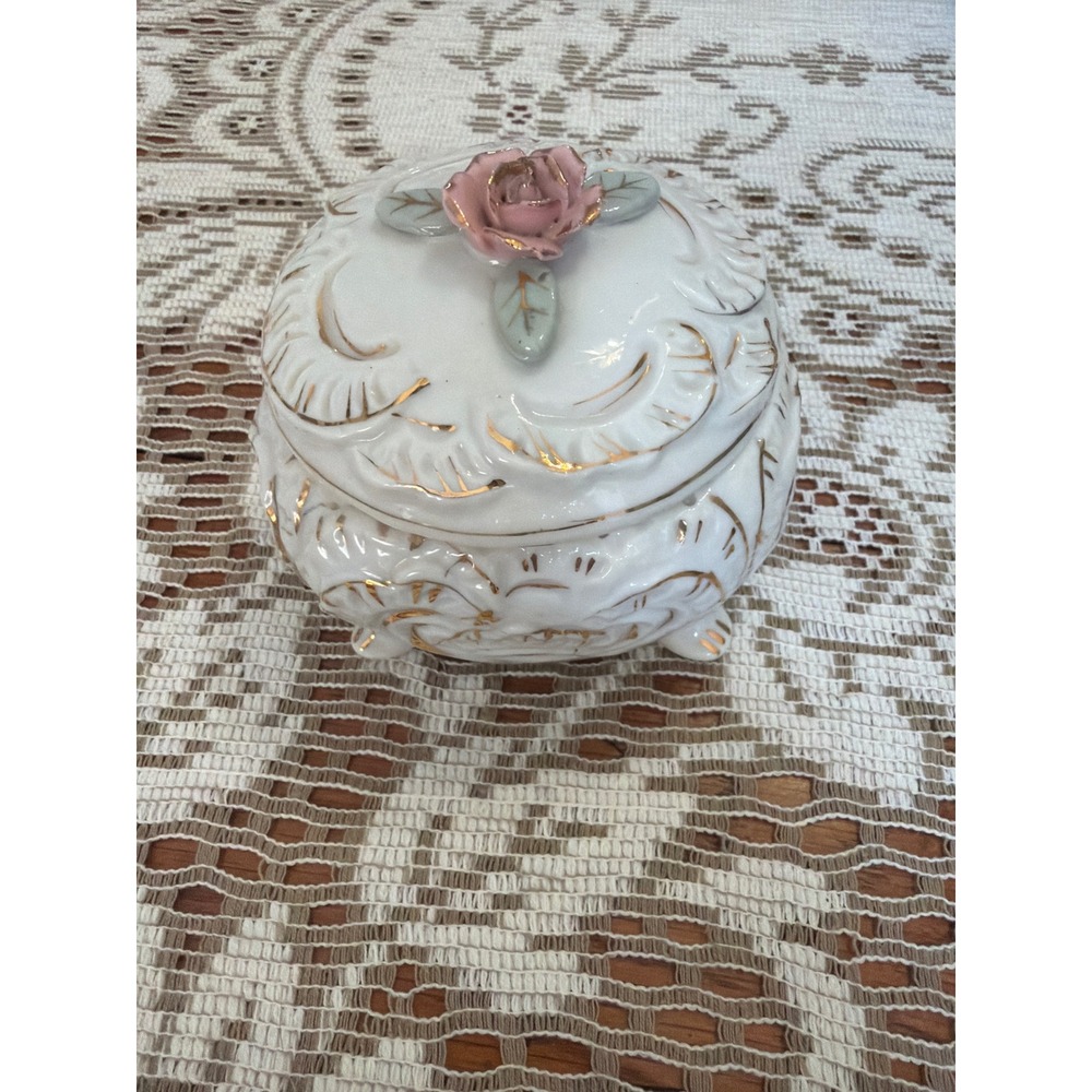 Vintage‎ J.G. Stith Porcelain Trinket Box Pink Rose Gold Gilt Footed Dish
